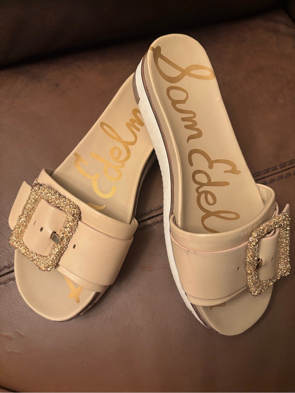 Sam Edelman Nude Slide Sandals with Glitter Buckles